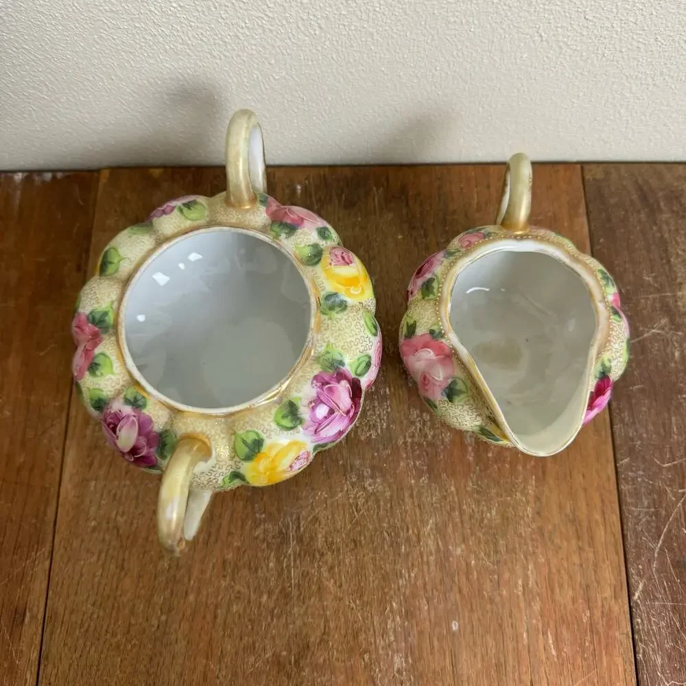 Vintage Antique Japanese Nippon Porcelain‎ Cream & Sugar Tea Set Floral Gilt